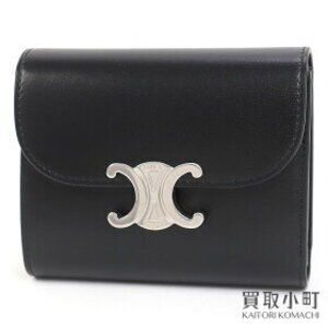 Celine Triomphe Flap Wallet Shiny Calfskin Black Compact Tri Fold